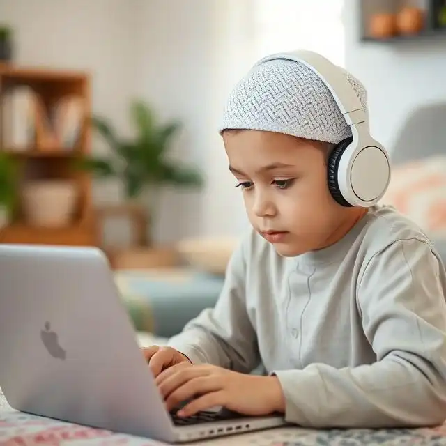 A Muslim kid wearing a white prayer cap and headphones, attentively learning Quran online through a laptop in a cozy home setting.